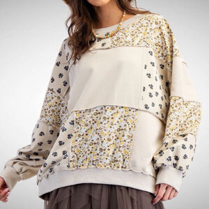 Easel Oversized Flower Patchwork Terry Knit Sweatshirt in Beige Size S